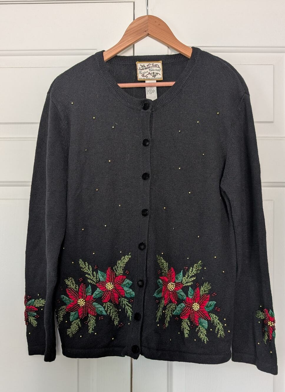 Heirloom Collectibles Vintage Christmas Beaded Poinsettia Cardigan Sweater